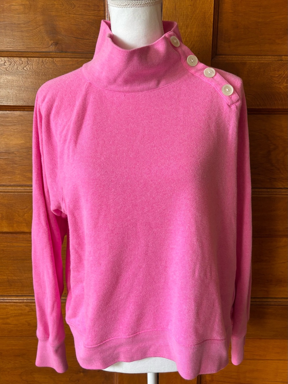 J. Crew Pink Button-Shoulder Mock Neck Sweatshirt